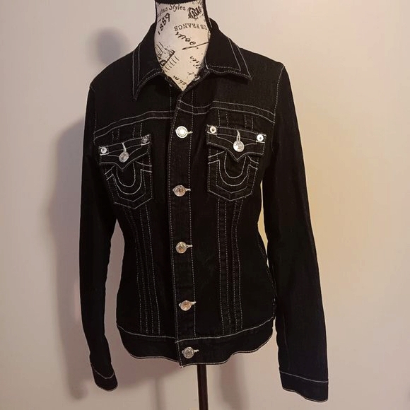 True Religion NWOT Black Denim Jean Trucker Jacket Women’s Size XL - Picture 1 of 16